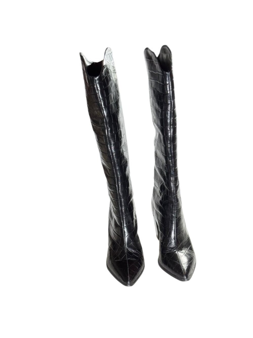 Schutz Mariana Black Crocodile-Embossed Leather Knee-High Black Boots 9.5B - Picture 9 of 14